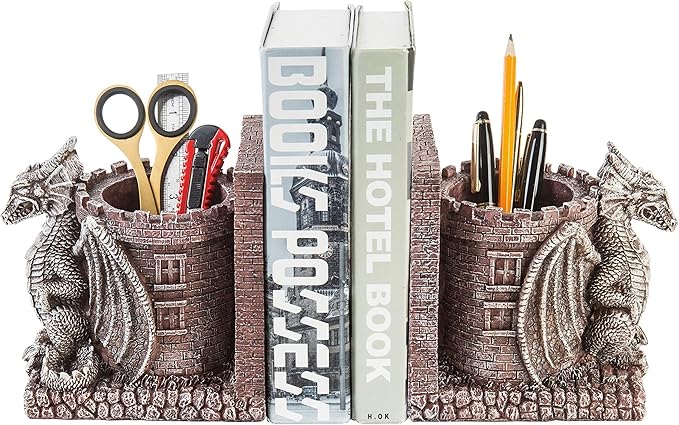 MyGift Dragon Guard Castle Resin Decorative Bookends for Heavy Books with Pencil Holders, Fantasy Themed Book Holder for Home and Office