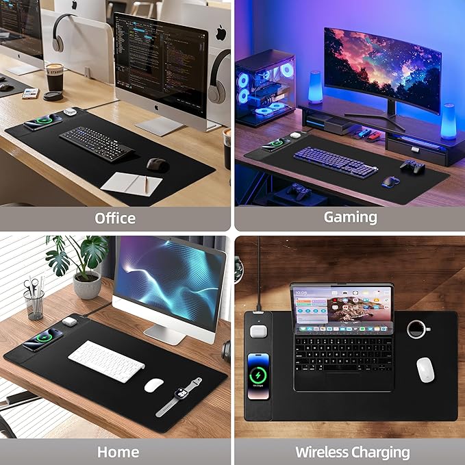 Mouse Pad with Wireless Charging, Gaming Mouse Pad with Ultra-Smooth Surface, Large XXL Desk Mat, Non-Slip Mouse Mat, Waterproof Computer Keyboard Pad for Gaming, Desk, Office, PC, 800x400x4MM, Black