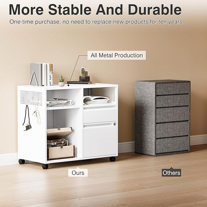 SISESOL 2 Right Drawers File Cabinet with Lock, Mobile Lateral Filing Cabinet for Legal/Letter A4 Size, Metal File Organizer Storage Cabinet with Open Storage Shelves for Home Office (White)