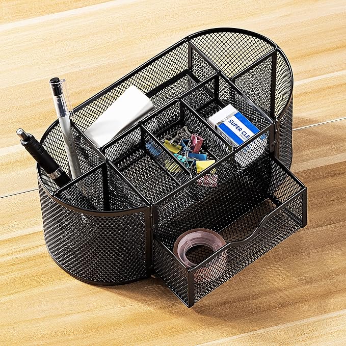 Amazon Basics Pen Holder and Desk Organizer, Office Caddy Storage, Black, 9.25" x 4.53" x 3.94"