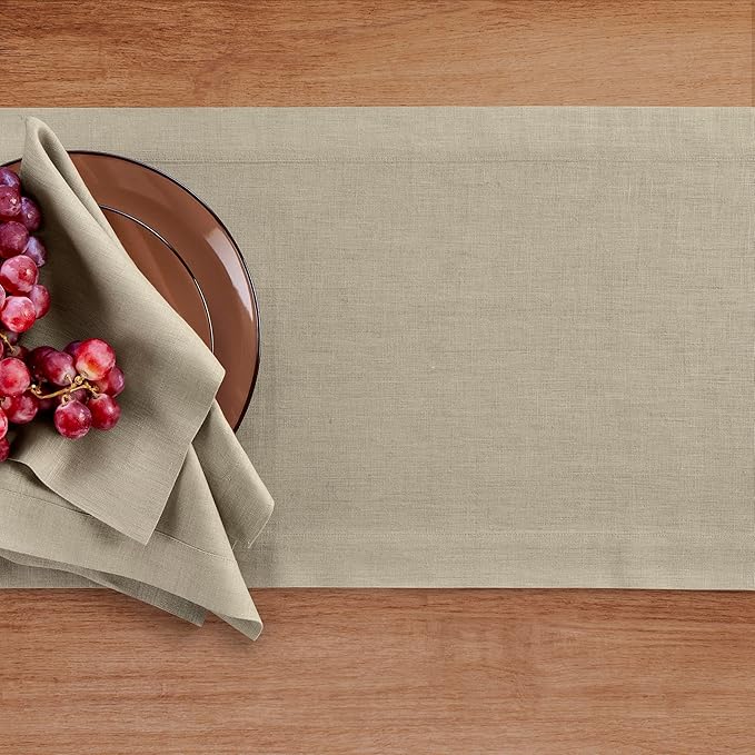 Solino Home Linen Table Runner 36 Inches - 100% Pure Linen Vintage Khaki Table Runner 14 x 36 Inch Ideal for Dresser and Coffee Tables - Fall, Autumn, Thanksgiving - Fete