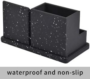 Pu Leather Desk Pen/Pencil Organizer Multi-Function Cell Phone/Remote Control Storage Box with 3 Compartments Office Supplies Sticky Note Tray Business Cards Holder,Black