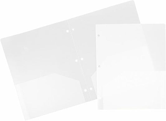 JAM PAPER Heavy Duty Plastic 3 Hole Punch Pocket Folders - Extra Tough School Folders - Clear - Bulk 144/Box