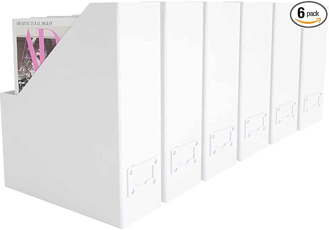 BLU MONACO Set of 6 Foldable White Magazine File Holder with White Leather Label Holders – Stylish Cardboard Desk Organizer Vertical File Organizers Magazine Storage for Workspace and Shelves