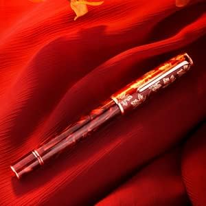 Hongdian N8 Red Acrylic Fountain Pen, Long Blade Fine Nib Rose Gold Trim Maple Leaves Carving Cap, Smooth Writing Pen with Converter and Metal Pen Box Set