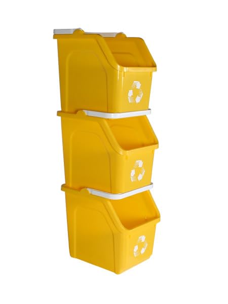 6 Gallon Stackable Recycling Bins for Homes, Garages, Offices Made of 100% Recycled Plastic - (Yellow, 3 Pack)
