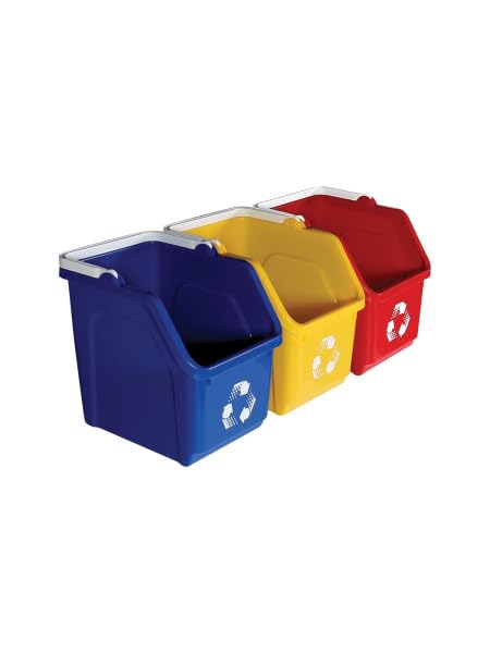 Multi Recycling System with Three Stackable 5 Gallon Bins to Build Your Recycling Center for Offices, Homes, Garages, Businesses (3 Pack, Blue/Yellow/Red)