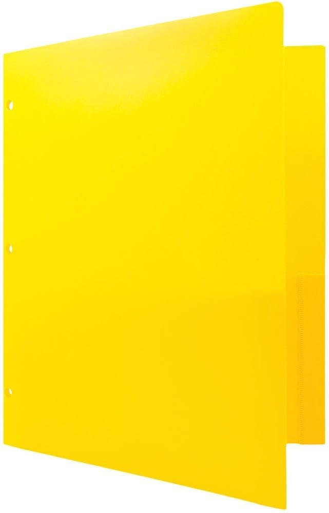 JAM PAPER Heavy Duty Plastic 3 Hole Punch Pocket Folders - Extra Tough School Folders - Yellow - Bulk 48/Pack