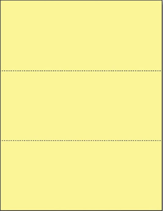 Limited Papers (TM) 8.5x11 Perforated Paper, 20/50 Pound, 75 GSM, Variety of Perforation Sizes and Colors, for Forms, Tickets, Postcards. (Canary, 3 up - horizontal 3 2/3" and 7 1/3" from bottom)