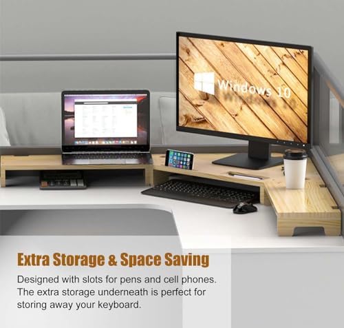 Large Corner Monitor Stand - Solid Wood Desk Organizer with Cable Management, Easy Assembly Display Rack for Office Supplies, Unfinished Natural Wood, Height: 11cm (4.3in)