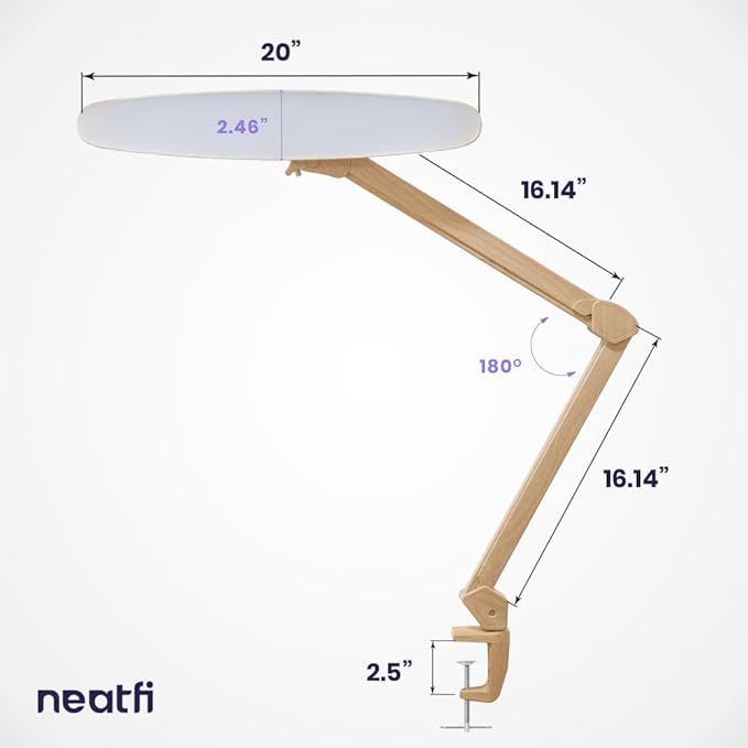 Neatfi XL 2,200 Lumens LED Task Lamp, 24W Super Bright Desk Lamp, 117 Pcs SMD LED, 4 Level Brightness, Dimmable, Task Light for Home, Office, Workbench (Non-CCT, Brown Wood)