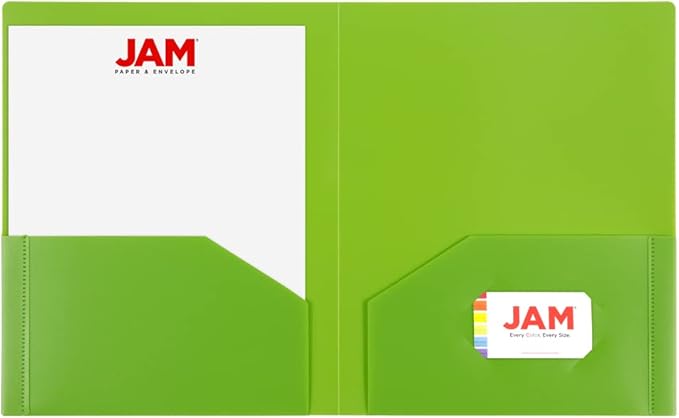 JAM PAPER Heavy Duty Plastic 2 Pocket Extra Tough School Folders - Lime Green - 6/Pack
