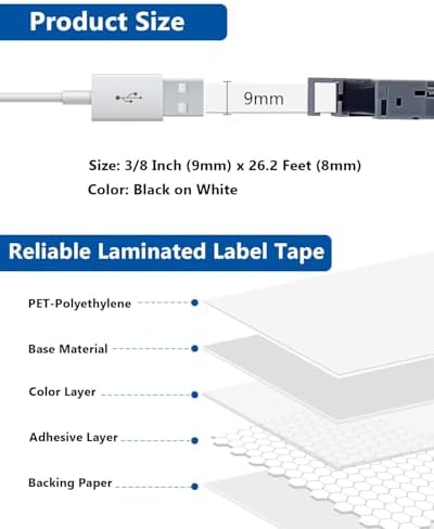 TZe-221 Tape 9mm 0.35 Laminated White Compatible for TZe221 TZ221 Tape Refills for P Touch PT-H110 D200 D210 D220 D400 D600 PT-1890 Label Maker (Black on White, 3-Pack)