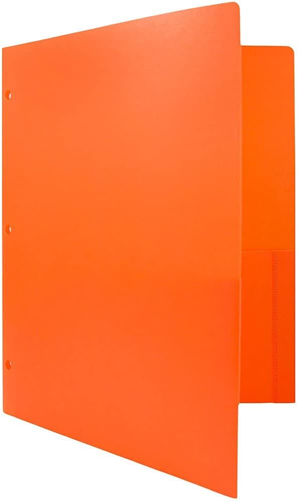 JAM PAPER Heavy Duty Plastic 3 Hole Punch Pocket Folders - Extra Tough School Folders - Orange - 6/Pack