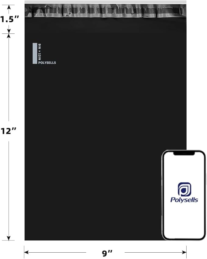 POLYSELLS 200 pcs 9x12 Inches Black Poly Mailers Shipping Envelopes, Strong Adhesive Sealing, Waterproof, and Tear-resistant Postal Mailing Bags for Small Business, Clothes, Non-Fragile Items