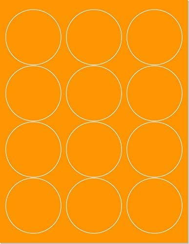 Pack of 25 Sheets, 8-1/2 x 11" Fluorescent Labels for Laser & Inkjet Printer (Orange Fluorescent, 2-1/2" Round - 12 per Page, 300 Labels)