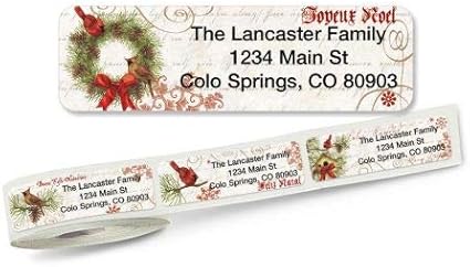 Joyelle Christmas Rolled Personalized Return Address Mailing Labels with Dispenser, Set of 500, 5 Designs, Small ¾ x 2½ Inch Size, Custom Self-Adhesive Sticker Roll, by Colorful Images