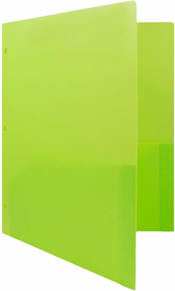 JAM PAPER Heavy Duty Plastic 3 Hole Punch Pocket Folders - Extra Tough School Folders - Lime Green - Bulk 48/Pack