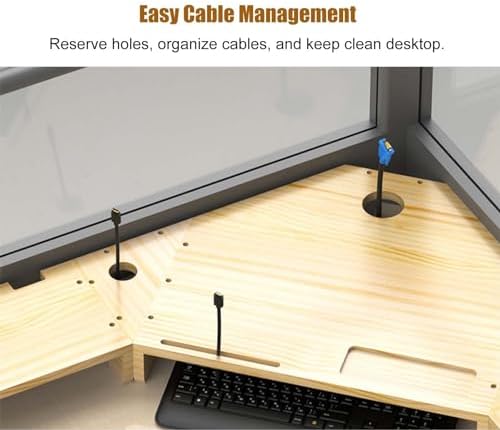 Large Corner Monitor Stand - Solid Wood Desk Organizer with Cable Management, Easy Assembly Display Rack for Office Supplies, Unfinished Natural Wood, Height: 11cm (4.3in)