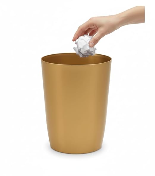 Mini Waste Basket - Durable Small Plastic Garbage Trash Can Bin - Lidless Open-Top Rectangular Slim Profile for Compact Spaces - Suitable for Home, Bathroom, Office, Bedroom & More, Soft Brass