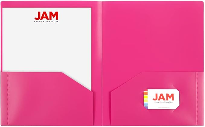 JAM PAPER Heavy Duty Plastic 2 Pocket Extra Tough School Folders - Fuchsia Hot Pink - 6/Pack