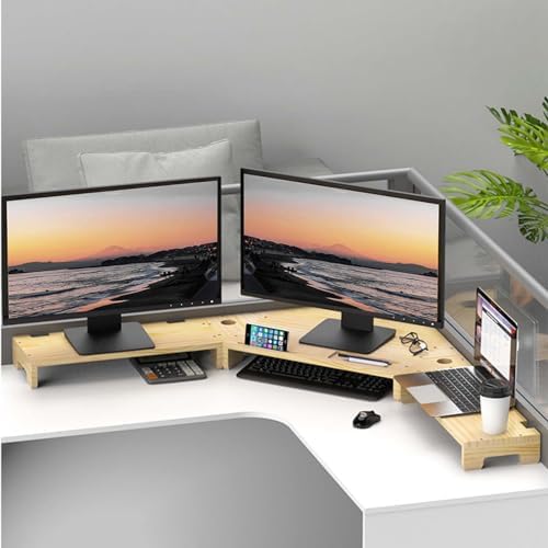 Large Corner Monitor Stand, Solid Wood Desk Organizer with Cable Management, Easy Assembly, Ideal for Office Supplies & Displays, Unfinished Wood, 11cm Height, Perfect for Home Office
