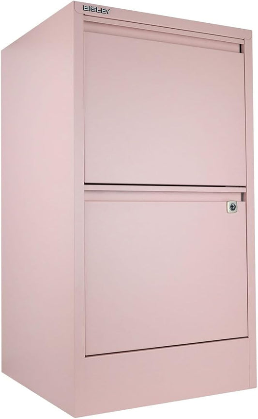 Bisley 2-Drawer Flush Front Vertical File Cabinet - Palest Pink, 2 Hanging File Drawers, Powder-Coated Steel, Locking Drawers