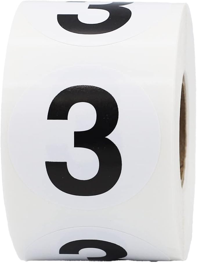 Black Number 3 Circle Stickers, 1.5 Inches Round, 500 Adhesive Labels on a Roll, Inventory Identification Dots, Semi-Gloss Round Number Stickers, Made in The USA