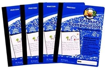 Mintra Primary Composition Notebook, 4 Pack, Blue Cover, 80 Sheets, 7.5in x 9.75in, 1/2 Sheet, Ruled with Drawing Area, Flexible Hardcover Journal , Grades K-2, School & Home Use