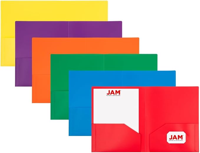JAM PAPER Heavy Duty Plastic 2 Pocket Extra Tough School Folders - Assorted Primary Colors - Bulk 48 Folders/Box (8 Assorted Packs of 6)