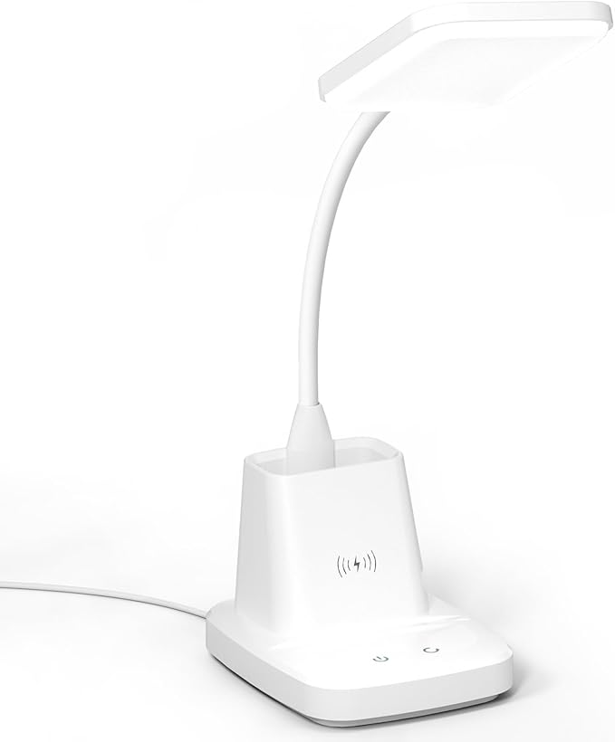 LED Desk Lamp with Wireless Charger, Sailstar White Desk Light with Pen Holder, 3 Color Modes with Stepless Dimming, CRI 85, 800 Lumen, Study Lamps for College Dorm Room, Home Office, Adapter Included
