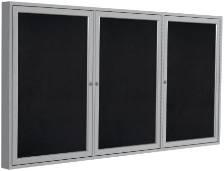 Ghent 36"x72" 3-Door indoor Enclosed Recycled Rubber Bulletin Board, Shatter Resistant, with Lock, Satin Aluminum Frame,Black (PA33672TR-BK) ,Made in the USA