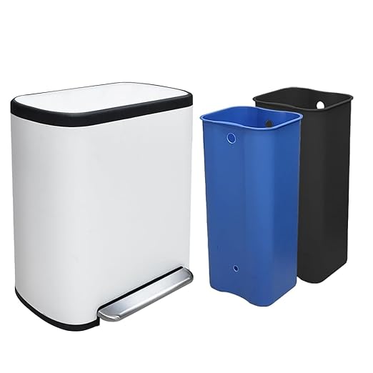 16 Gallon Dual Trash Can, Kitchen Recycling Bins with 2 x 8 Gallon Compartments, 2 Plastic Removable Liners, Soft-Close Lid, Stainless Steel Step Trash Can, White