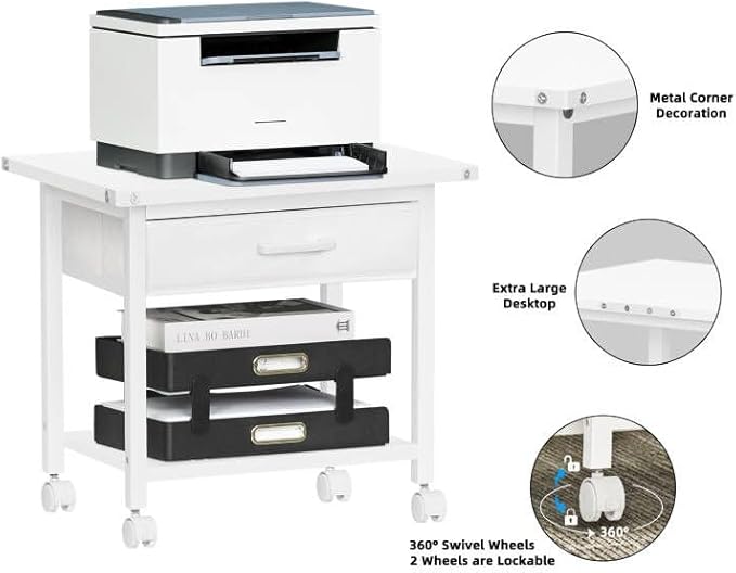 Lerliuo Under Desk Rolling Printer Stand with Drawer, 2-Tier Industrial Mobile Printer Table Desk with Storage Shelf and Steel Frame, Printer Cart Holder with Lockable Wheels for Home, Office (White)
