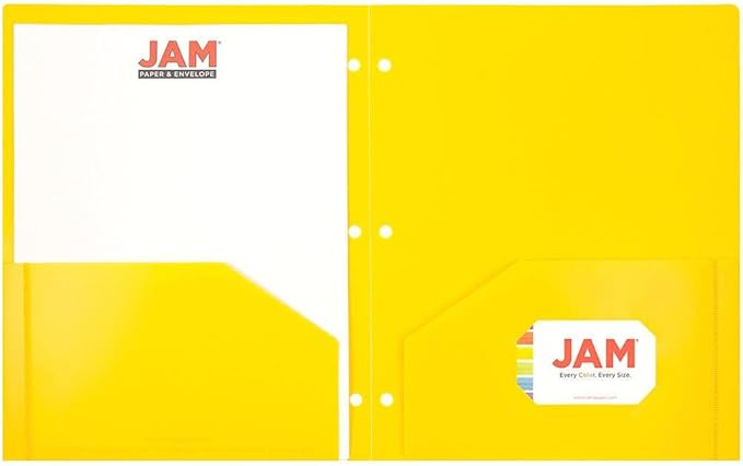 JAM PAPER Heavy Duty Plastic 3 Hole Punch Pocket Folders - Extra Tough School Folders - Yellow - Bulk 144/Box