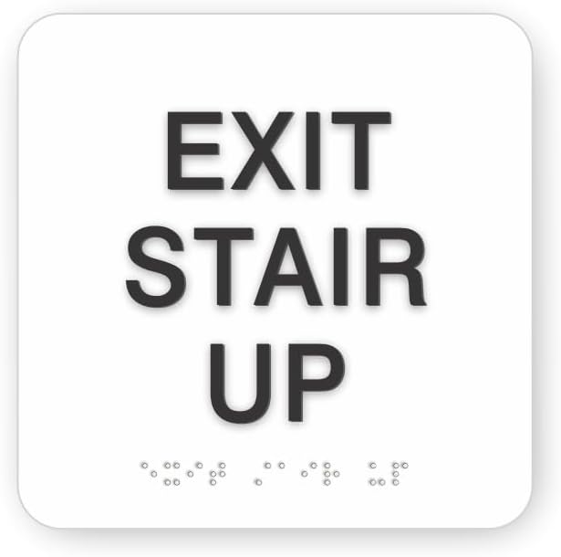 ADA EXIT STAIR UP braille sign, 6” x 6”, ADA Compliant Stair Exit Identification Sign for Building or Business, Many Colors Choices, Made in USA (White)