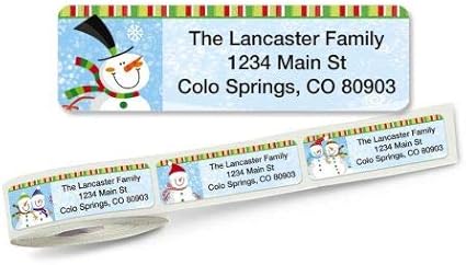 Happy Snowman Holiday Rolled Personalized Return Address Mailing Labels with Dispenser, Set of 500, 5 Designs, Small ¾ x 2½ Inch Size, Custom Self-Adhesive Sticker Roll, by Colorful Images