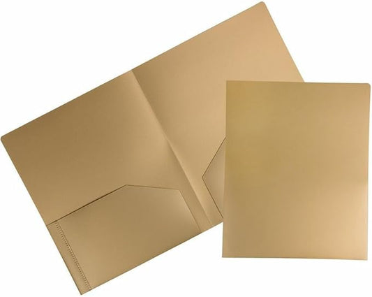 JAM PAPER Heavy Duty Plastic 2 Pocket Extra Tough School Folders - Gold - Bulk 48/Pack