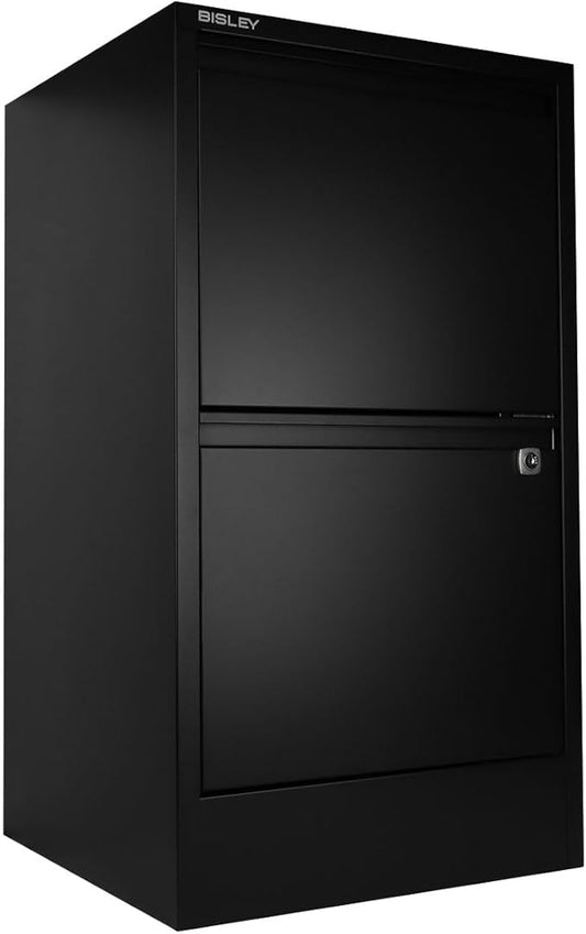 Bisley 2-Drawer Flush Front Vertical File Cabinet - Black, 2 Hanging File Drawers, Powder-Coated Steel, Locking Drawers
