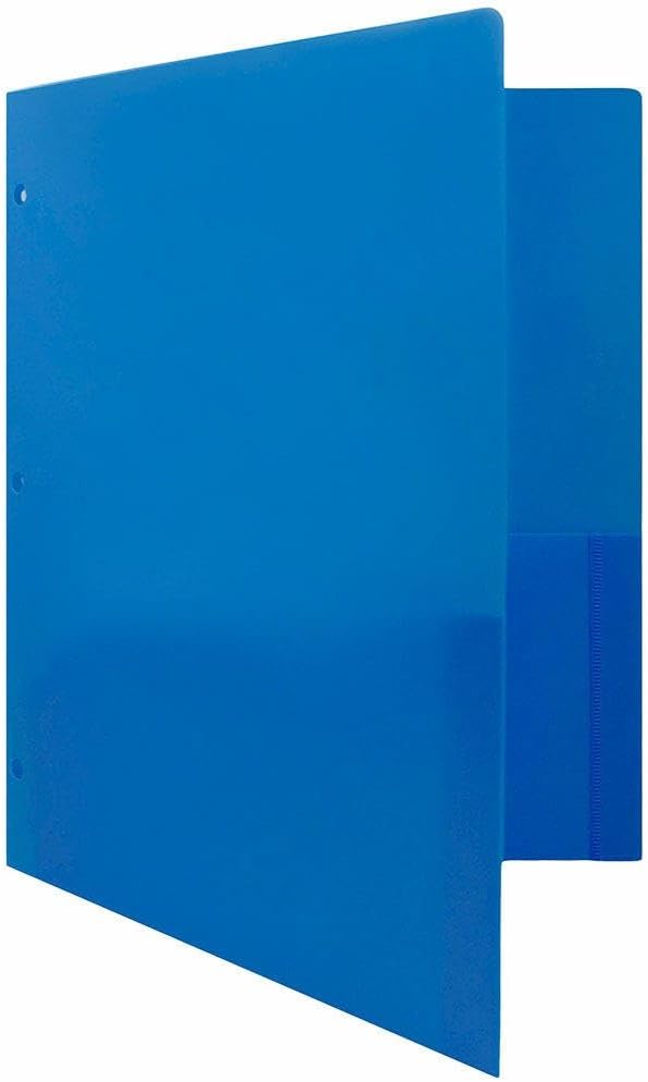 JAM PAPER Heavy Duty Plastic 3 Hole Punch Pocket Folders - Extra Tough School Folders - Blue - Bulk 144/Box