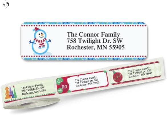 Christmas Designs Rolled Personalized Return Address Mailing Labels with Dispenser, Set of 500, 5 Designs, Small ¾ x 2½ Inch Size, Custom Self-Adhesive Sticker Roll, by Colorful Images