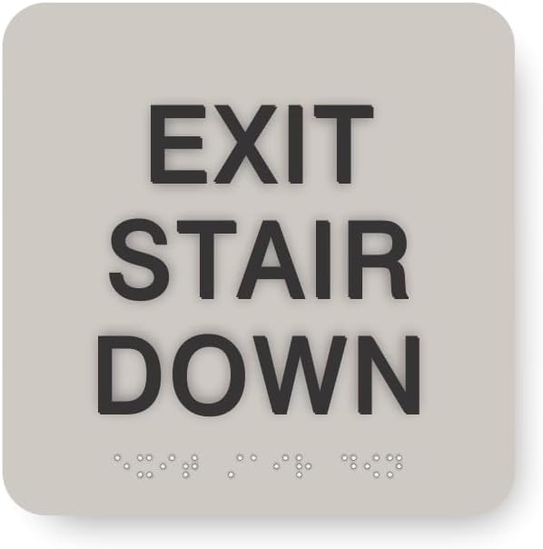 ADA EXIT STAIR DOWN braille sign, 6” x 6”, ADA Compliant Stair Exit Identification Sign for Building or Business, Many Colors Choices, Made in USA (Cement)
