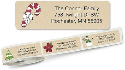 Krafty Christmas Rolled Personalized Return Address Mailing Labels with Dispenser, Set of 500, 5 Designs, Small ¾ x 2½ Inch Size, Custom Self-Adhesive Sticker Roll, by Colorful Images