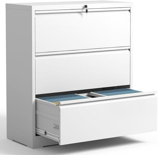 Lateral File Cabinet 3 Drawer, Metal File Cabinets for Home Office Legal/Letter A4 Size, File Cabinet with Lock, Require Assembly, White