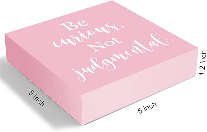mmiishe Inspirational Wooden Box Sign Decorative Motivational Be Curious Not Judgmental Wood Box Sign Home Bedroom Office Decor Rustic Farmhouse Square Desk Decor Sign for Shelf Pink