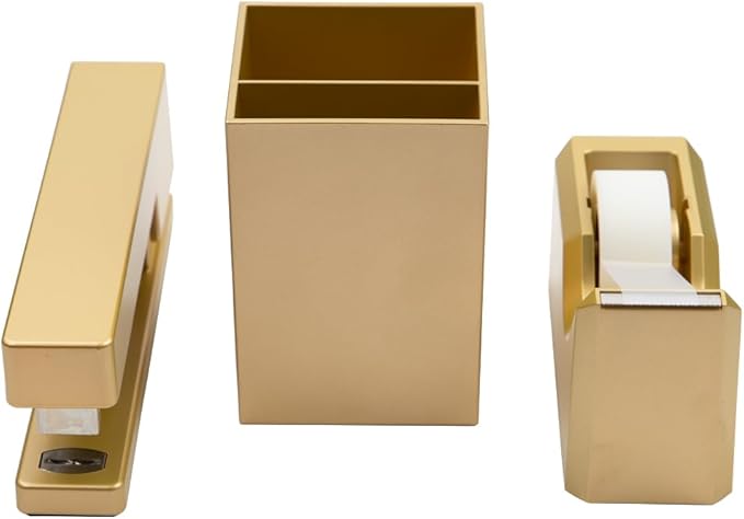 JAM PAPER Desk Trio Pack - Gold - Stapler, Tape Dispenser & Pen Holder - 3/Pack