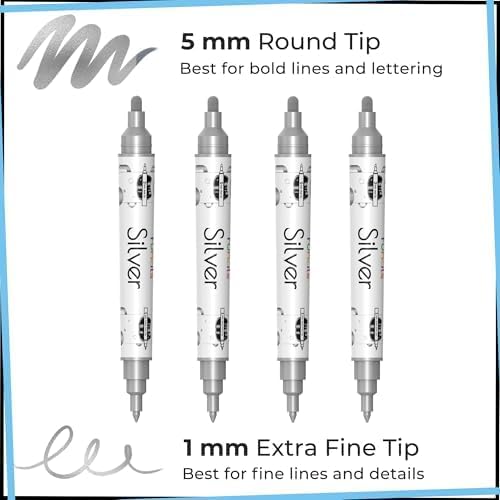 4 Acrylic Metallic Silver Paint Pen (Dual Tip) - Fine Tip & Medium, Acrylic Paint Markers - Silver Metallic Marker for Rock Painting, Canvas, Wood, Glass, Fabric, Metal and Plastic - Water-based Ink