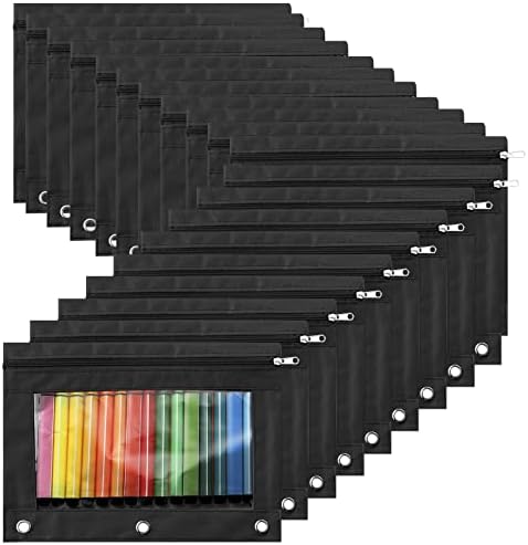 Marspark 48 PCS Pouch Bag for 3 Ring Binder - Bulk Zipper Pencil Binder Pouches with Clear Window for School Office Utensils Storage Supplies(Black)