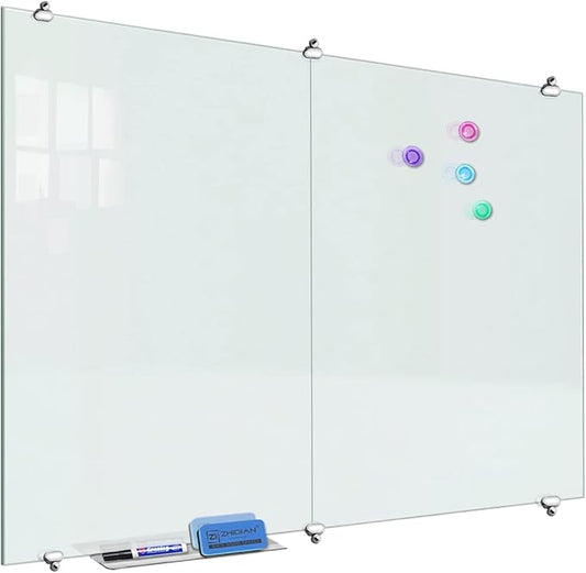 2-in-1 Glass White Board 72" x 43" Extra Large Splicing Magnetic Tempered Glass Whiteboard for Wall, ZHIDIAN Morden Glass Dry Erase Board Frameless Bulletin Board for Office, Home, School