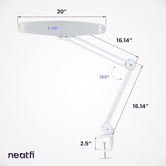Neatfi XL 2,200 Lumens LED Desk Lamp with Clamp, 24W Bright Architect Task Lamp, 20 Inches Dimmable Computer Light, Adjustable Desk Light for Home, Office, Crafts, Nails & Hobbies (Non-CCT, White)